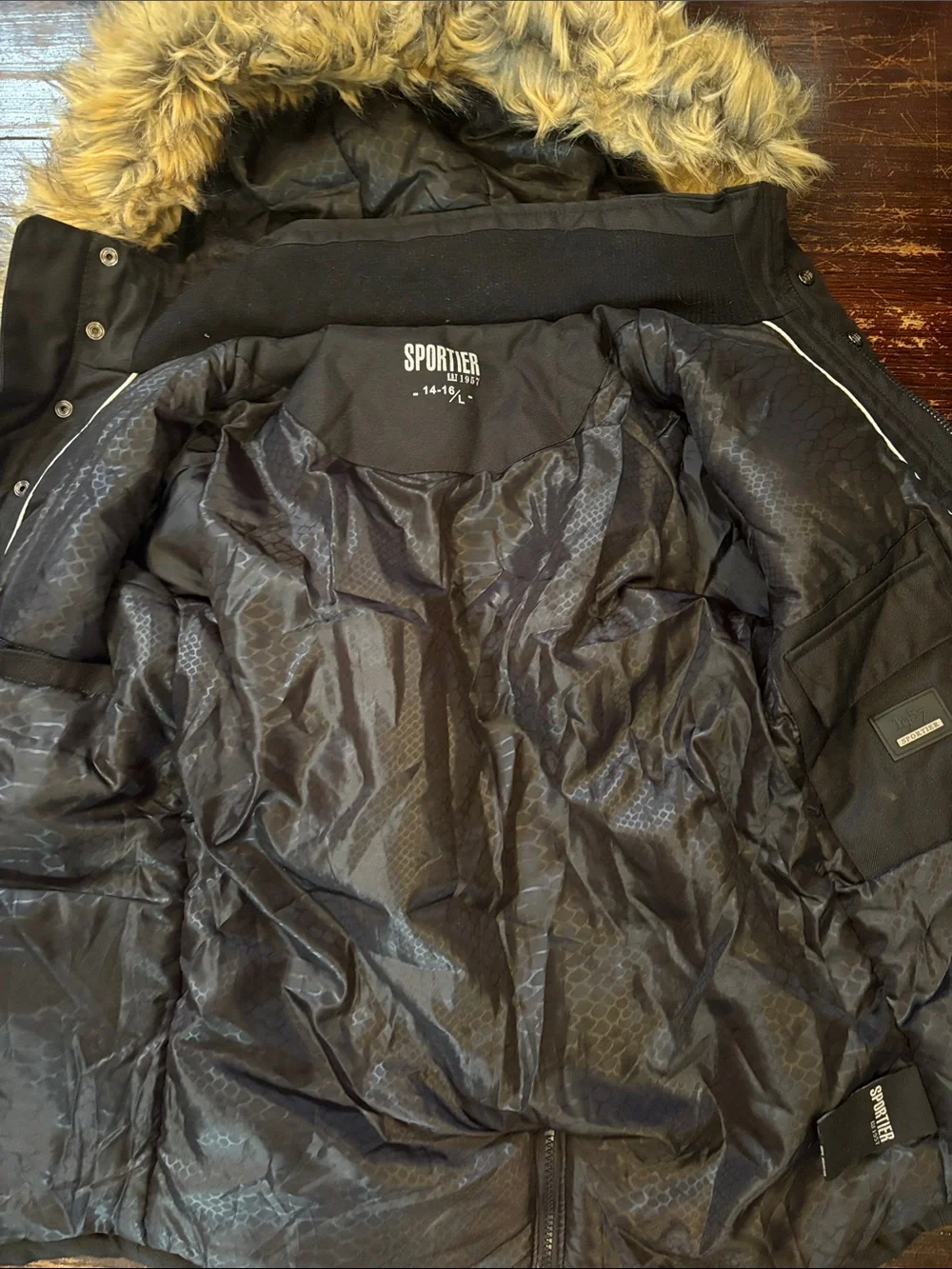 Size 14/16 Boys Black Military-Style Parka winter Jacket with Faux Fur Hood